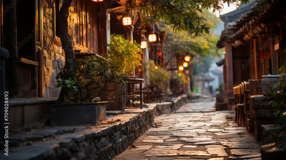 Fototapeta premium Ancient buildings, eaves, ancient lamps, tranquility, buildings, copper rings