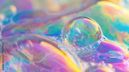 Close-up of a soap bubble, rainbow colors, plain background.