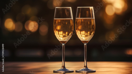 Two glasses of sparkling white wine raised in a toast against a warm bokeh background, symbolizing celebration and elegance.