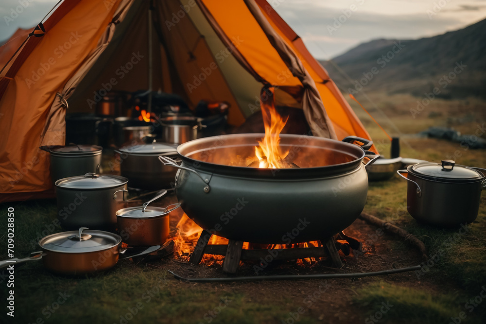 Camping set up with cooking pots Camping set up with cooking pots