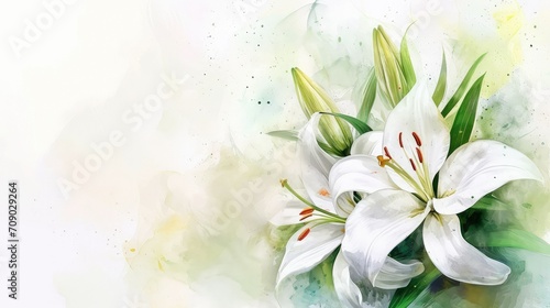 A blooming branch of white lily flower background, watercolor, copy space.