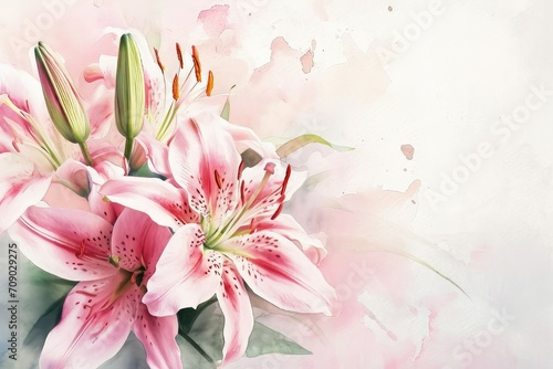 A blooming branch of lily flower background  watercolor  copy space.