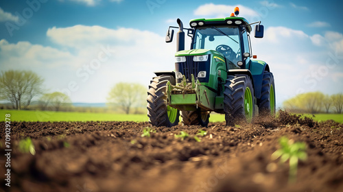 Tractor against the background of a sowing field. Agricultural machinery.