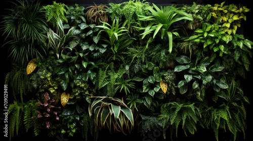 A lush vertical garden flourishes indoors, featuring a diverse array of green plants, creating a serene and natural environment.
