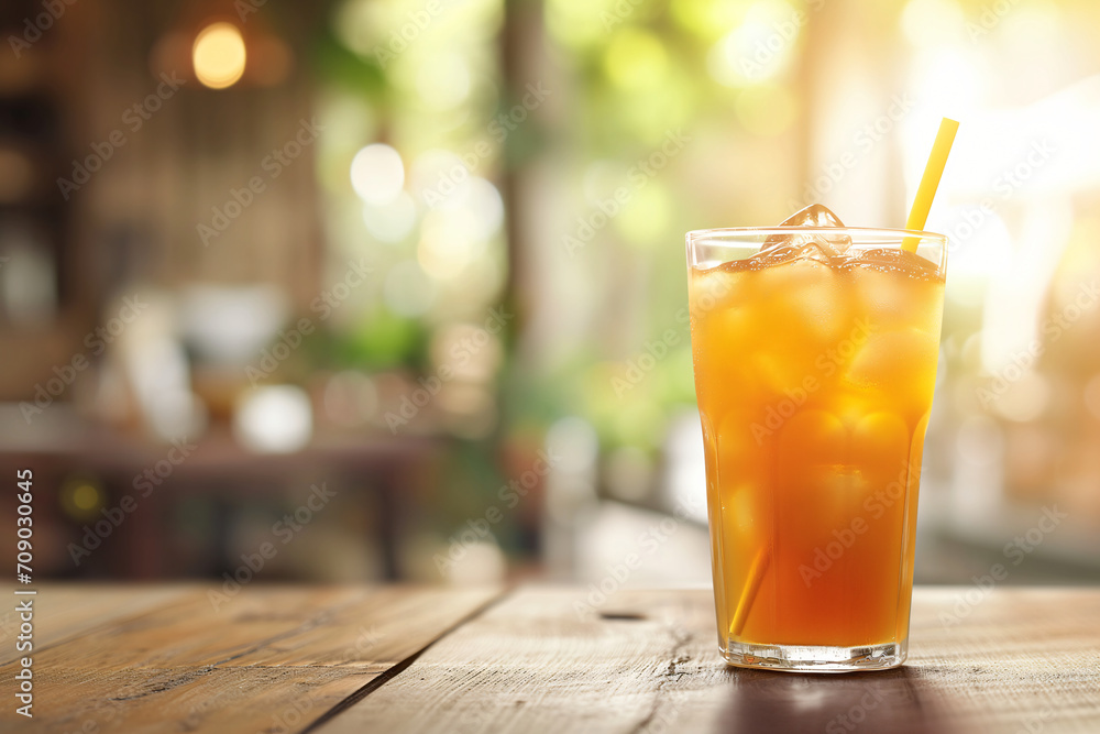 Glass of ice tea on the table in bar Glass of ice tea on the table in bar