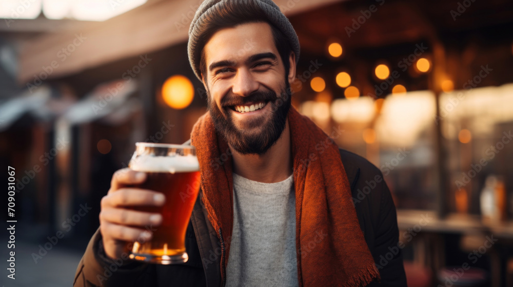 A cheerful bearded man holding a pint of beer, enjoying the evening ambiance at an outdoor cafГ©.