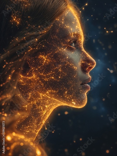 space woman, portrait, digital portrait, Close up of beautiful young woman face with face recognition mesh and immersive binary interface. Concept of hi tech. Toned image double exposure