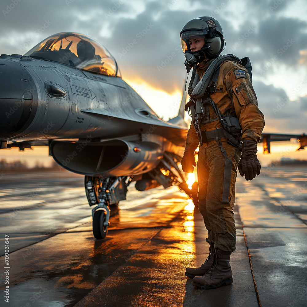 Military fighter pilot. Military pilot and aircraft at the airfield in mission standby mode. Military concept. sunset light Military fighter pilot. Military pilot and aircraft at the airfield in mission standby mode. Military concept. sunset light