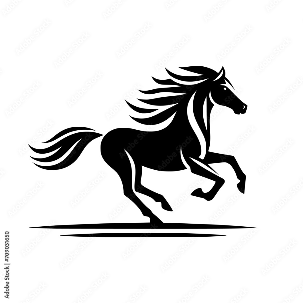 Obraz premium Vector logo of a running horse. black and white professional logo of a horse. can be used a logo, watermark, or emblem.