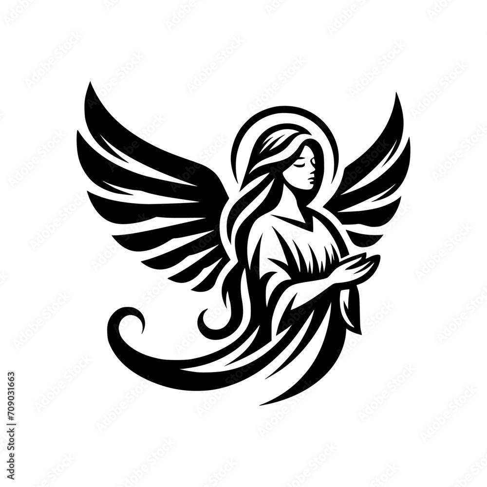 Obraz premium Professional logo of an angel. Black and white logo of a holy woman with a halo on his head.