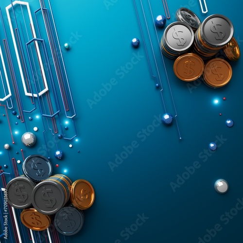 business technology digital 3D concept. coin money design. 3D illustration. finance commerce economy saving. abstract background connection. network trading transaction market futuristic infographic.