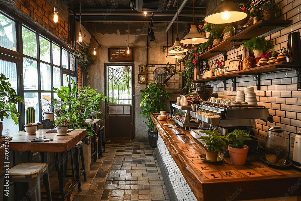 Fototapeta premium Modern interior of a coffee shop with a loft style in dark colors and a lot of plants. Coffee shop. Business concept.