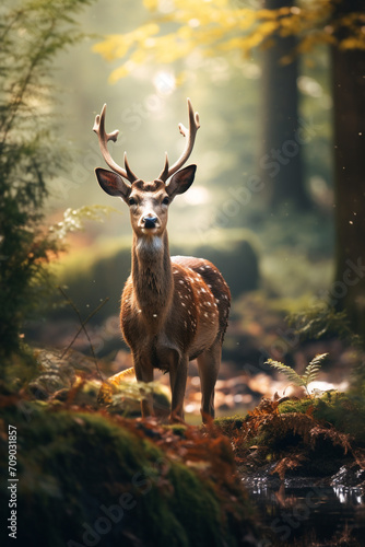 deer in the forest photography, depth of field created with Generative Ai