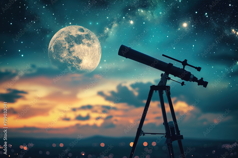 Telescope and celestial bodies like the moon, stars, and planets in night. Telescope and celestial bodies like the moon, stars, and planets in night.