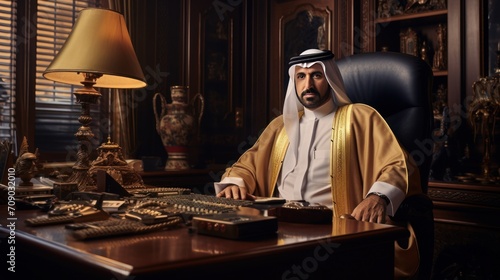 Arabic businessman sitting in his office in traditional Arabic dress