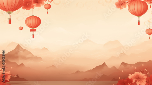 Red hanging lantern Traditional Asian decor, Horizontal poster, greeting card, headers website vector illustration, Chinese New Year. Chinese lantern festival. Realistic 3d design, Generative Ai