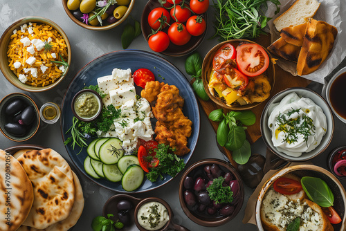 Greek food. Olives and black olives. olive oil, herbs and spices, feta cheese, pita bread, tomatoes and lettuce, basil. Healthy diet. Buffet. Tasty dinner. Food concept.Place for text. Copy space