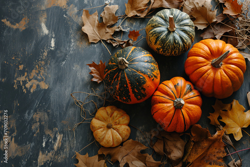Concept composition for Thanksgiving Day made of autumn leaves and pumpkins on a dark background. Autumn background. Flat lay, top view with copy space. Mockup