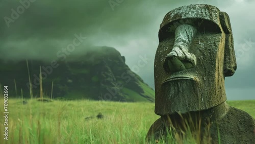 Easter island. Mysterious stone in shape of face. Ancient rock statue. Nature park. Old historical monument. Human head sculpture. History concept. photo