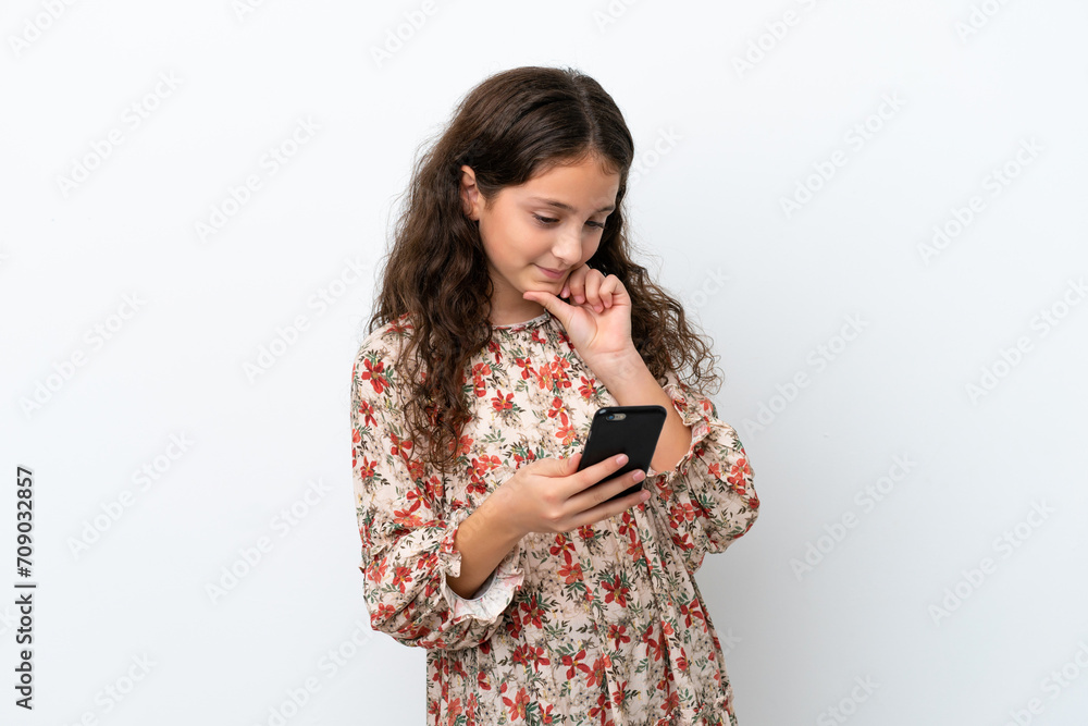 Little caucasian girl isolated on white background thinking and sending a message Little caucasian girl isolated on white background thinking and sending a message