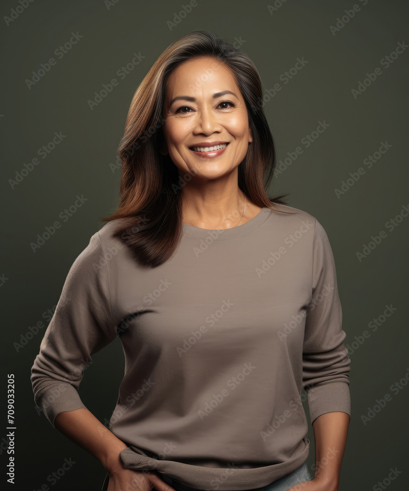 Studio portrait of an elegant and confident filipino woman in her 60s smiling and standing against a grey background Studio portrait of an elegant and confident filipino woman in her 60s smiling and standing against a grey background