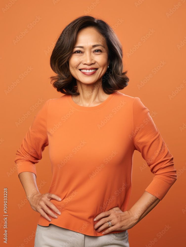 Obraz premium Portrait of a middle aged filipino elegant woman smiling happily. Orange background