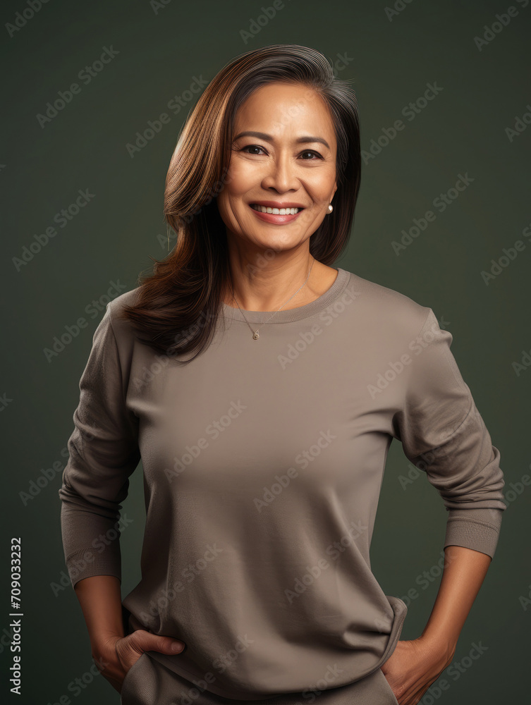 Middle aged filipino businesswoman posing confidently and smiling. Studio portrait on grey background Middle aged filipino businesswoman posing confidently and smiling. Studio portrait on grey background