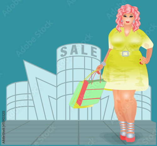 XXL woman with shopping bags, vector illustration