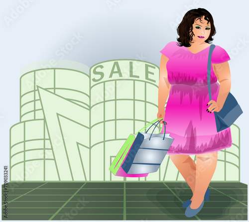 XXL Plus size shopping woman, vector illustration