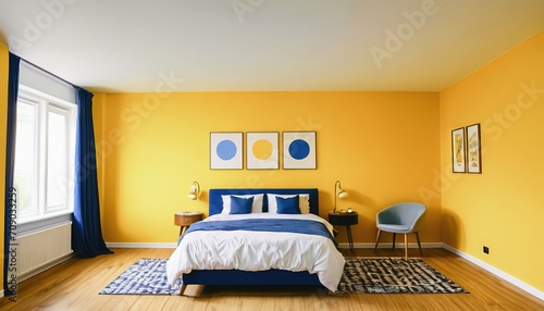 The interior design of a modern room, the walls are painted in yellow and blue tones, the furniture is yellow and blue photo