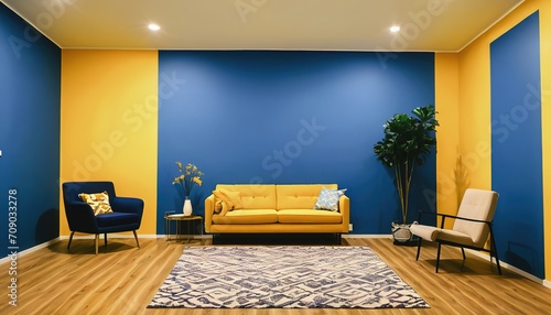 The interior design of a modern room, the walls are painted in yellow and blue tones, the furniture is yellow and blue photo