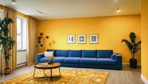The interior design of a modern room  the walls are painted in yellow and blue tones  the furniture is yellow and blue
