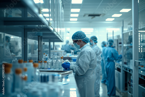 Young scientists conduct research in a medical laboratory, a researcher uses a microscope. Laboratory research concept. Biochemical Research Group. Scientist doing tests