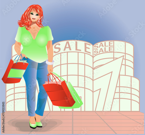 Plus size shopping woman, vector illustration