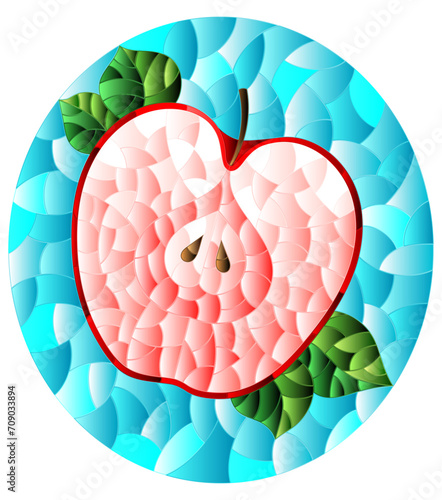 An illustration in the style of a stained glass window with a apple and leaves on a blue background