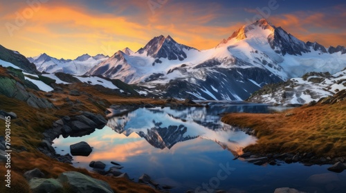 Beautiful illustration alpine mountain landscape panorama in the evening day. Generate AI image