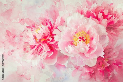 Beautiful pink peonies roses on watercolor background with copy space.