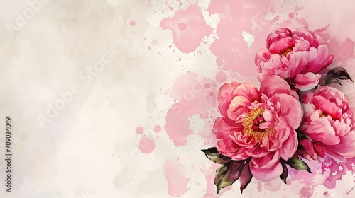 Pink flowers peonies on a watercolor background, space for greeting text.