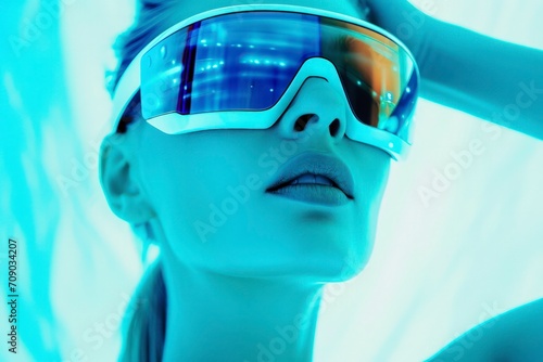 young woman wearing AR glasses or VR lens, bold and avant-garde fashion style. sleek design of the glasses and capture the essence of futuristic elegance