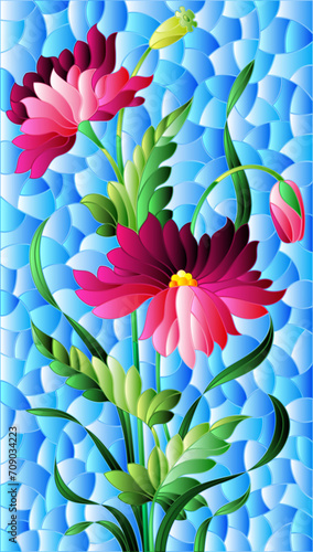 Illustration in stained glass style with pink poppies flowers on a blue sky background, rectangular image