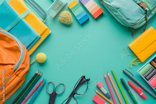 School bag. Backpack with multi-colored stationery on the table. Banner design. Back to school concept. School supplies. photo