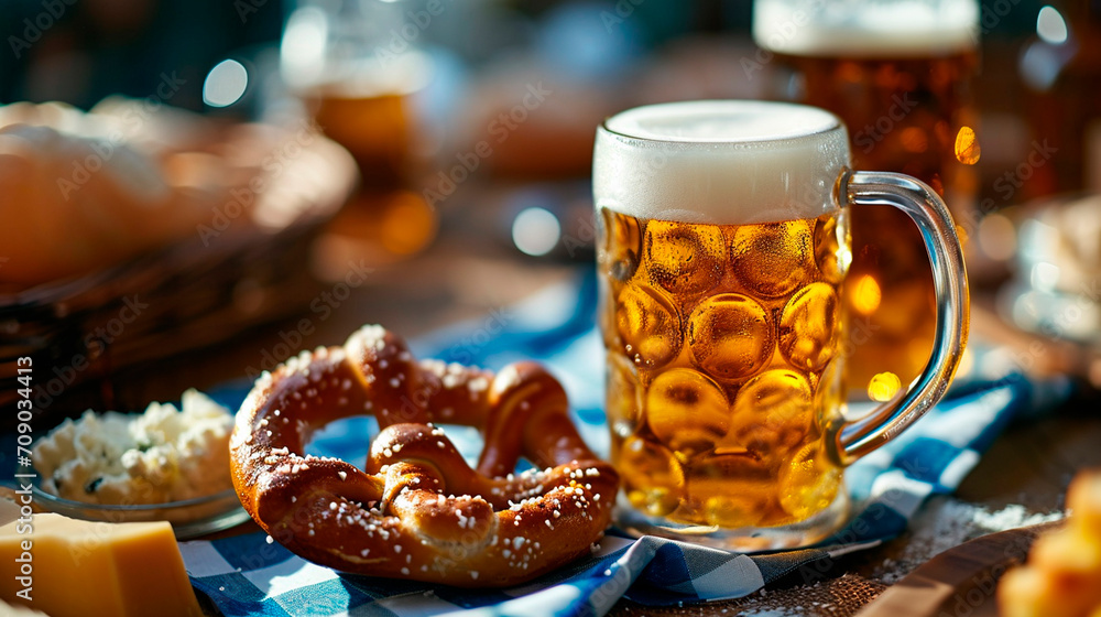 a mug of German beer and soft pretzels and cheese on a table with a checkered blue tablecloth at Oktoberfest. Selective focus.