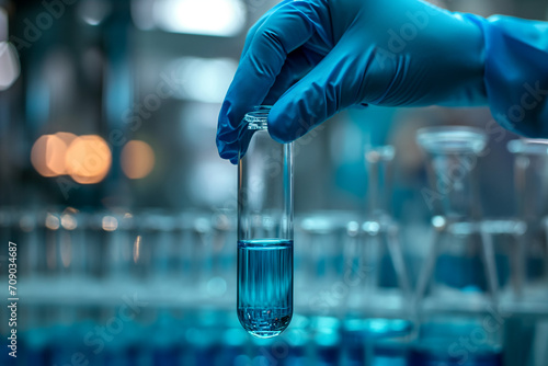 Blue liquid in a test tube in the laboratory. Close-up. Test tube with liquid in a woman's hand. Scientist's hand with test tube and flask in medical chemical laboratory. Place for text. Banner.