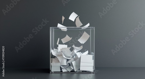 Transparent ballot box with falling ballots around it photo