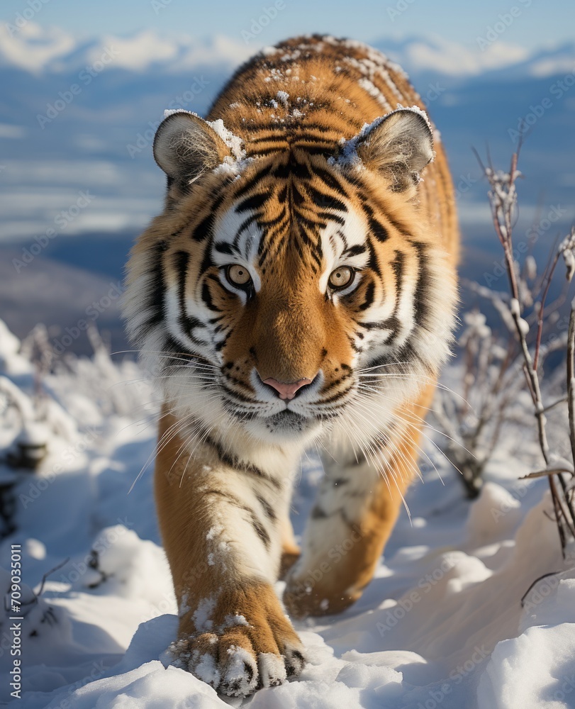 Obraz premium Dslr, National Geographic style, Amur tiger, searching for prey, looking beyond the camera,