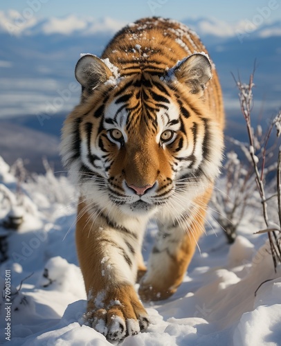 Dslr  National Geographic style  Amur tiger  searching for prey  looking beyond the camera 