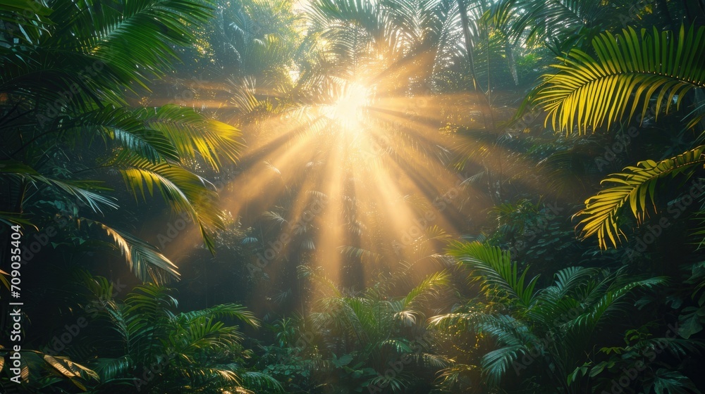Beautiful magical palm, fabulous trees. Palm Forest jungle landscape, sun rays illuminate the leaves and branches of trees Beautiful magical palm, fabulous trees. Palm Forest jungle landscape, sun rays illuminate the leaves and branches of trees