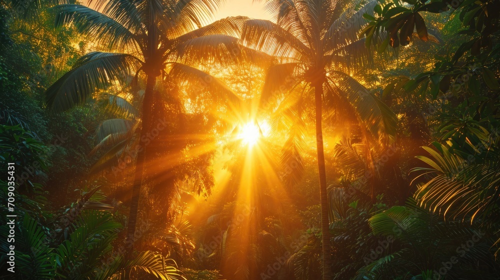 Beautiful magical palm, fabulous trees. Palm Forest jungle landscape, sun rays illuminate the leaves and branches of trees