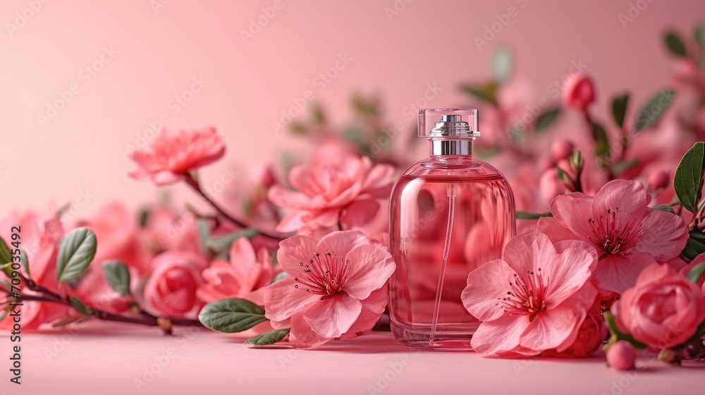 Bottles of perfume and flowers, pink decoration with Bottles of perfume and flowers, pink decoration with
