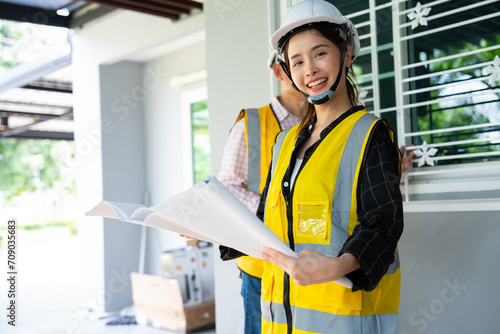 Принти на полотні Senior home inspector checking home defects and teaching young engineers, before handing it over to client